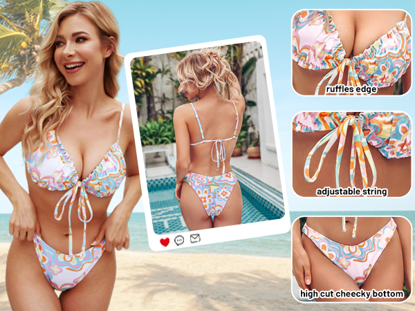 Triangle Cheeky Bikini Sets Floral Ruffles Bow Swimsuit Knotted String Two Pieces Bathing