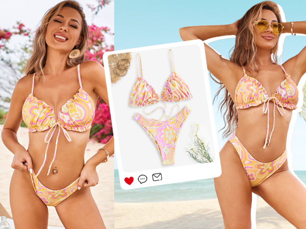 Triangle Cheeky Bikini Sets Floral Ruffles Bow Swimsuit Knotted String Two Pieces Bathing