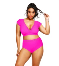 plus size cap sleeve high waistedhollow out bikini set 