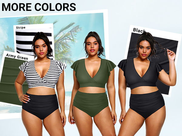 PLUS SIZE RUFFLE SLEEVE BIKINI SET TUMMY CONTROL RUCHED TWO PIECE SWIMSUIT