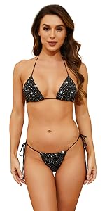 Women Sparkle Glitter Swimwear Shiny Crystal Rhinestones Thong Bikini Sets Tie Side Bathing Suits