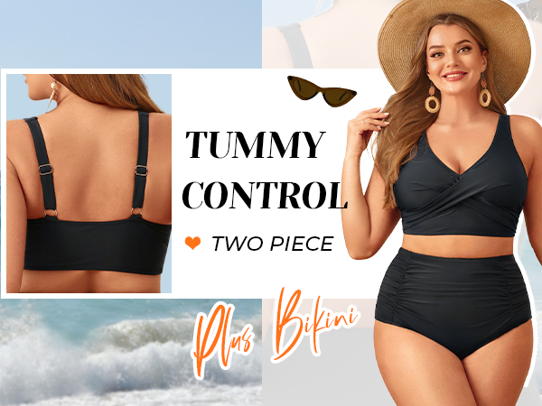 Women Plus Size Two Piece Swimsuit High Waisted Bikini Set Tummy Control Bathing Suit