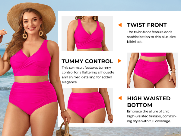 Women Plus Size Two Piece Swimsuit High Waisted Bikini Set Tummy Control Bathing Suit