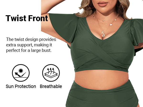 Plus Size Two Piece Swimsuits - High Waisted Bikini with Sleeves for Women Bathing Suit Swimwear