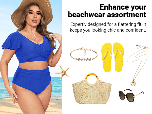 Daci Plus Size royal blue bikini Two Piece Swimsuit High Waisted Bikini with Sleeves Bathing Suit