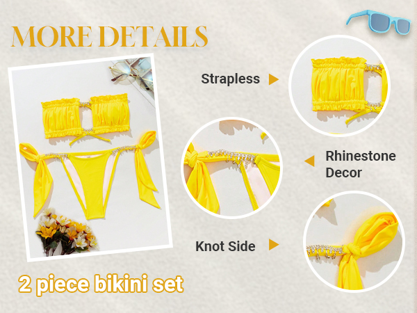 Women''s 2 Piece Bandeau Bikini Set Ruffle Tie Back High Cut Swimsuit