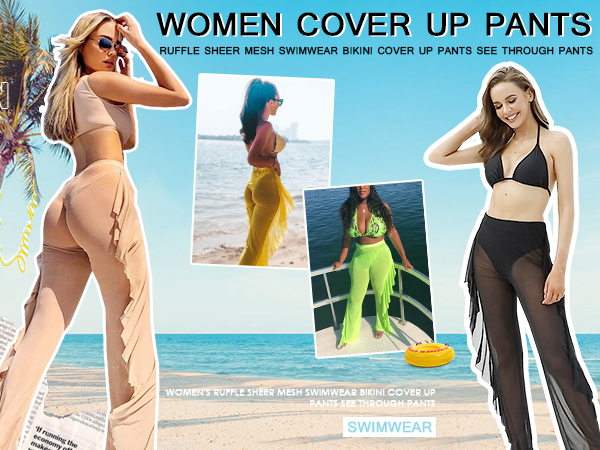 Women''s Ruffle Sheer Mesh Bikini Cover Up Pants