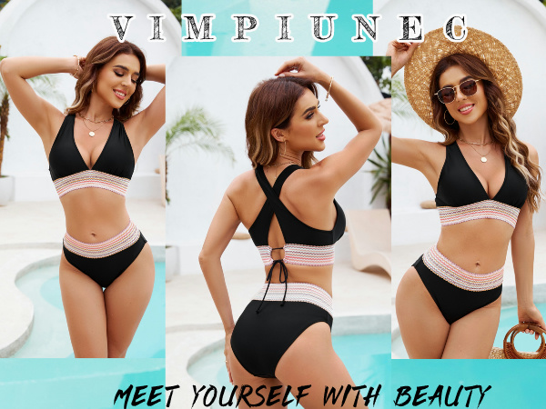 VIMPUNEC Womens High Waisted Bikini Sets Tummy Control Swimsuit Two Piece Color Block Bathing Suit