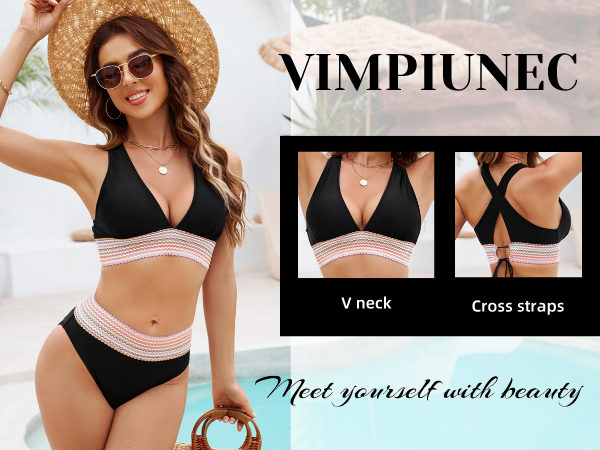 VIMPUNEC Womens High Waisted Bikini Sets Tummy Control Swimsuit Two Piece Color Block Bathing Suit