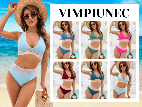 VIMPUNEC Womens High Waisted Bikini Sets Tummy Control Swimsuit Two Piece Color Block Bathing Suit