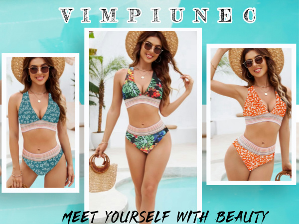 VIMPUNEC Womens High Waisted Bikini Sets Tummy Control Swimsuit Two Piece Color Block Bathing Suit