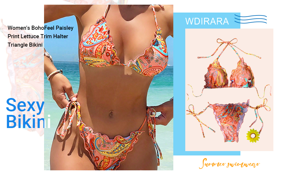 WDIRARA Women''s 2 Piece Paisley Print Swimsuit Halter Triangle Top Tie Side Bikini Set