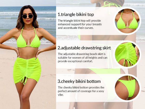 neon green bikini sets black biniki swimsuit pink tye die three piece bikini with skirt