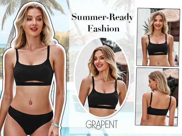 GRAPENT Bikini Tops for Women Cropped Tankini Tops Beach Padded Cut Out Adjustable Spaghetti Straps