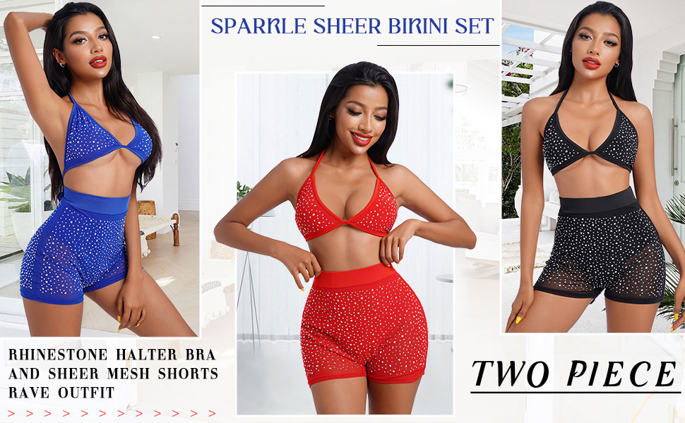 Women Sparkle Rhinestone Mesh Sheer Bikini Sets Bra Top High Waist Shorts Swimsuits Rave Outfit