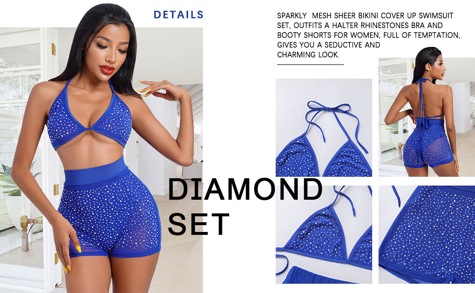 Women Sparkle Rhinestone Mesh Sheer Bikini Sets Bra Top High Waist Shorts Swimsuits Rave Outfi