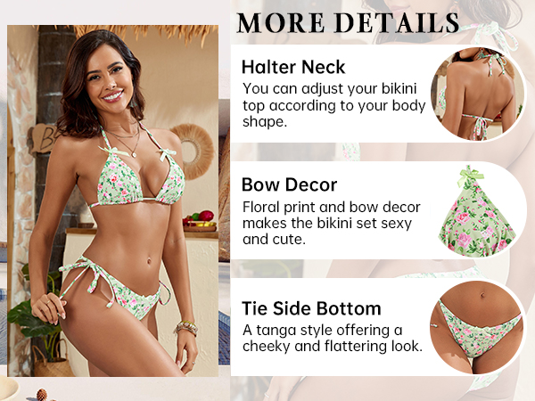 Women''s Sexy Halter Bikini Sets Floral Print Embroidered Triangle Thong Bikini set