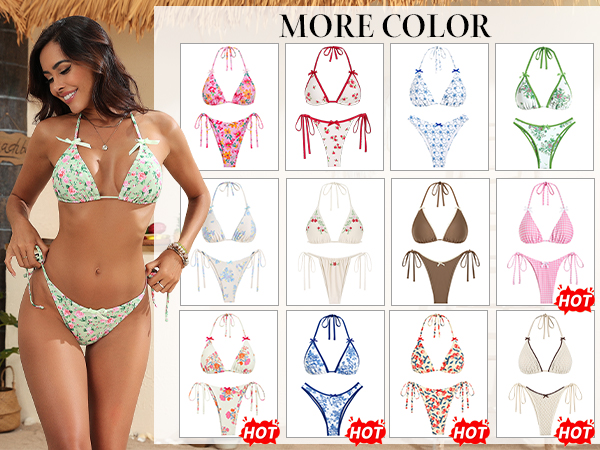 Women''s Sexy Halter Bikini Sets Floral Print Embroidered Triangle Thong Bikini set