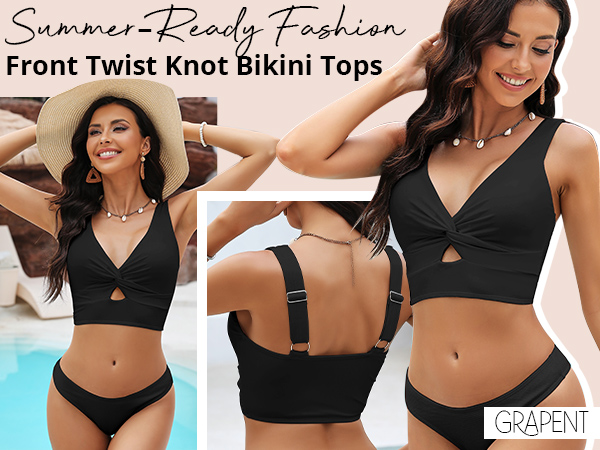 Bikini Tops Cropped Tankini Tops Beach Padded Knot Twist Cut Out Adjustable Tank Swimwear Top Only