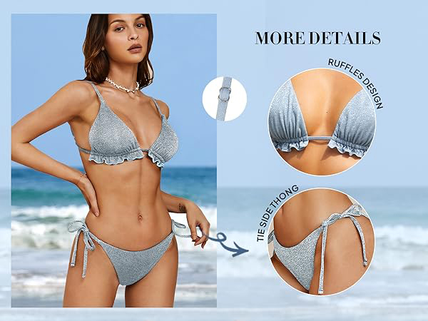  Women Ruffles Two Piece Swimsuit Sexy Metallic Shiny Swimwear Halter String Triangle Bikini Sets