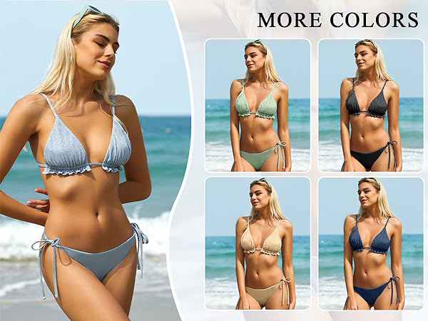  Women''s Shiny Bikini Sets Glitter Ruffles Bathing Suit Two Piece Tie Side String Swimsuit