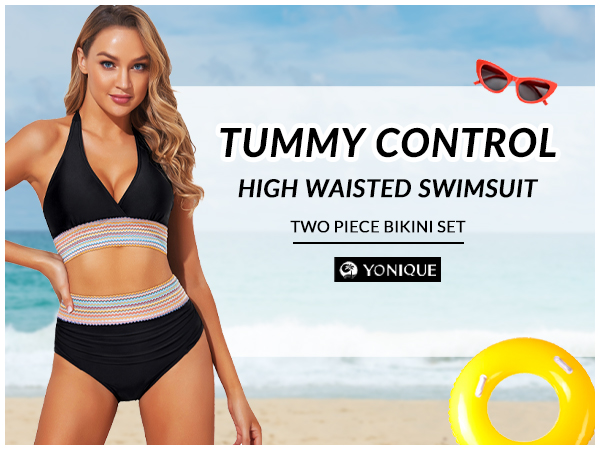 Women Tummy Control Bikini Two Piece High Waisted Swimsuit Push Up Bathing Suit Halter Bikini Top