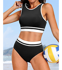 Women Sport Bikini Set Two Piece High Waist Swimsuit High Neck Colorblock Bathing Suit