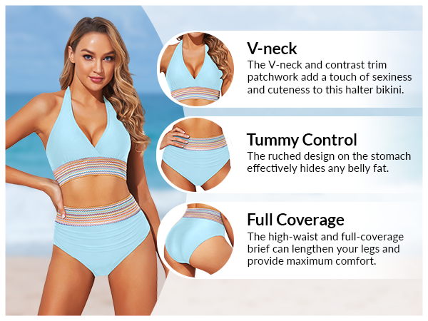 Women Tummy Control Bikini Two Piece High Waisted Swimsuit Push Up Bathing Suit Halter Bikini Top