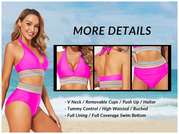 Women Tummy Control Bikini Two Piece High Waisted Swimsuit Push Up Bathing Suit Halter Bikini Top