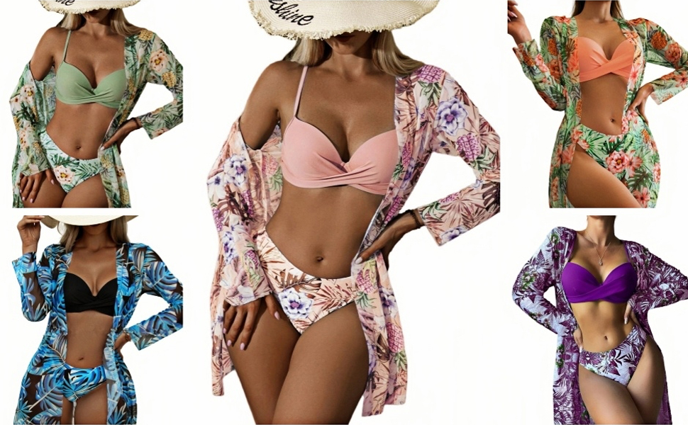 Women''s 3 Piece Swimsuits Push Up Bikini Sets Beach Long Sleeve Bathing Suits with Kimono Cover Up  