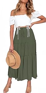 Women''s Boho Elastic High Waisted Maxi Skirt Casual A Line Flowy Ruffle Beach Long Skirts