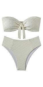 WDIRARA Women''s 2 Pieces Swimwear Bow Front Textured Strapless Bra and Panty Bikini Sets