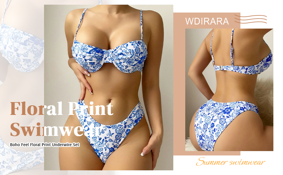 WDIRARA Women''s 2 Piece Floral Print Swimsuit Sleeveless Underwire Bra High Cut Bikini Set