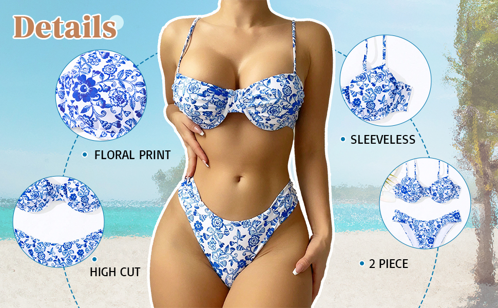 WDIRARA Women''s 2 Piece Floral Print Swimsuit Sleeveless Underwire Bra High Cut Bikini Set