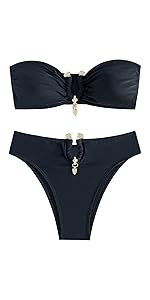 WDIRARA Women''s 2 Piece Swimsuit Ruched Notch Neck Strapless High Waist Bandeau Bikini Swimwear