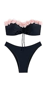 Women''s Floral Appliques Front Bandeau Swimsuit Set Cut Out High Cut Cheeky Bikini Swimwear Sets