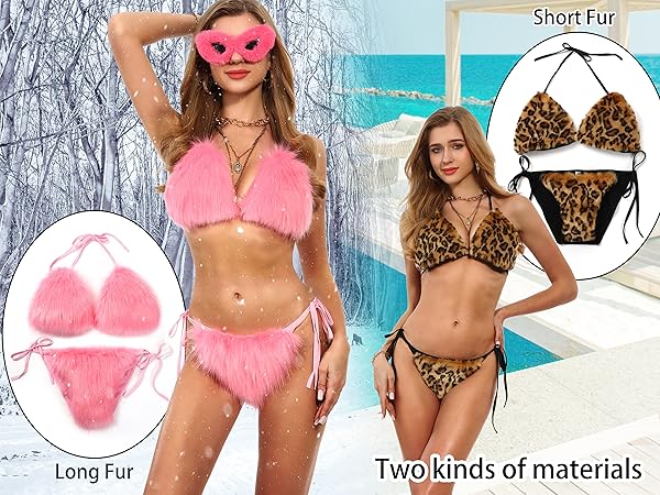 cheeky sexy cute tie side thong halter spaghetti strap triangle top faux fur plush furry 