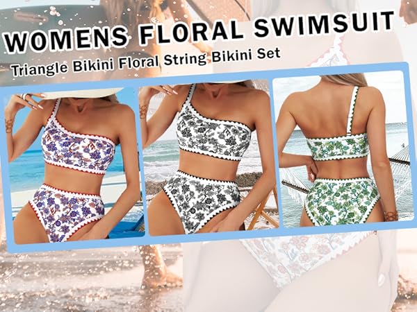 Floral Swim Mod Paisley Print Whip Stitch One Shoulder Bikini Swimsuit