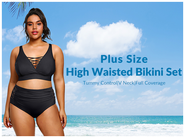 Two Piece Plus Size Swimsuit for Women High Waisted Bikini Set