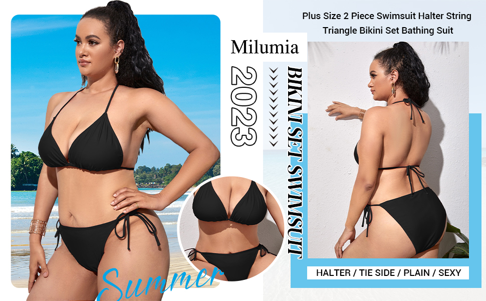 Milumia Women Plus Size 2 Piece Swimsuit Halter String Triangle Bikini Set Bathing Suit