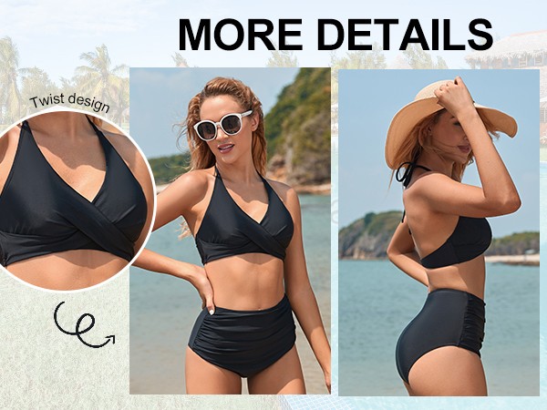 Backless Bikini Halter top swimwear high-waist swim suit 2 pc bathing suit twist front push up swim