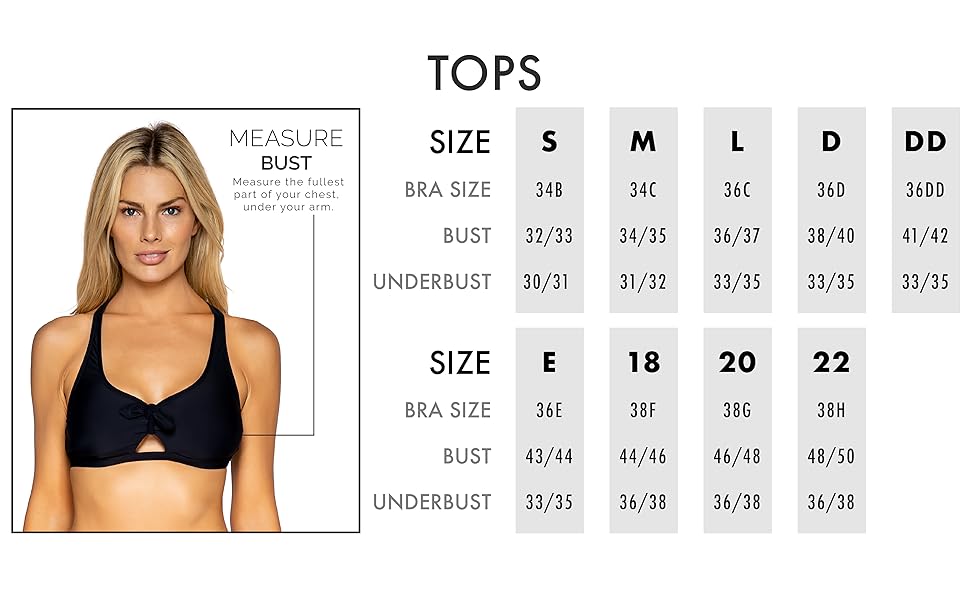 Sunsets small to e-cup tops size chart information.