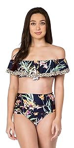 Off shoulder ruffle bikini swimsuit top bathing suit floral stripe paisley dot solid color print