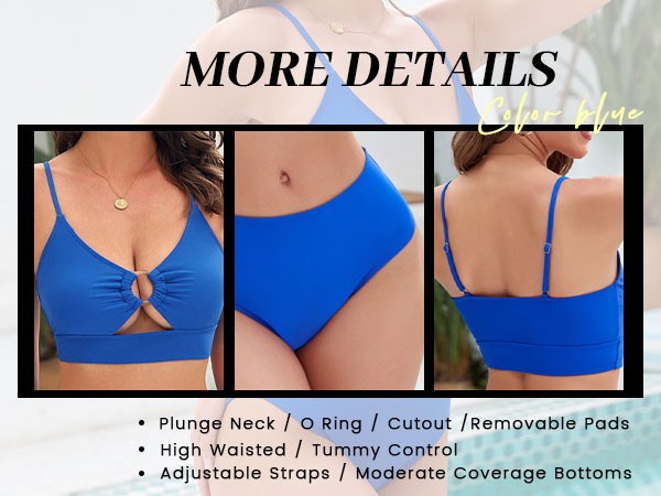 Women''s High Waisted Bikini Sets O Ring Cutout Tummy Control 2 Piece Swimsuits High Cut Bathing Suit