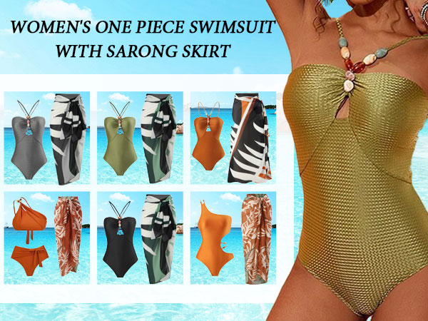 Women retro one-piece swimsuit with wrap skirt set