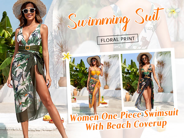 Womens Sexy One Piece Swimsuits and Sarong Skirt Bathing Suit 2024 Beach Outfit