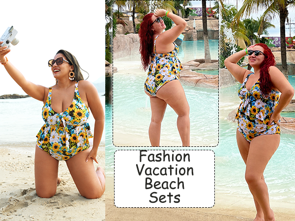 Plus Size 2 Piece V Neck Tie Tankini Swimsuit