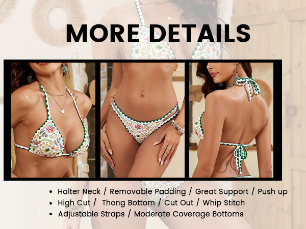 ZAFUL Women''s Sexy Halter Bikini Sets Ditsy Floral Print Color Block Triangle Thong Bikini Swimsuit