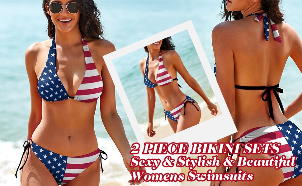 Women 2 Piece Blue Sexy Brazilian Sling Halter String Triangle American Flag Bikini Set