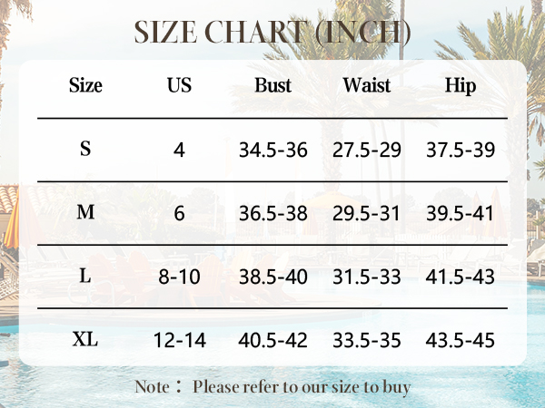 Womens bikini swimsuits S M L XL size chart